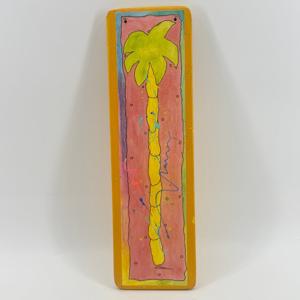 Coan Signed Palm Tree Wood Wall Art Plaque Yellow Pink Neon Tropical Pop Art